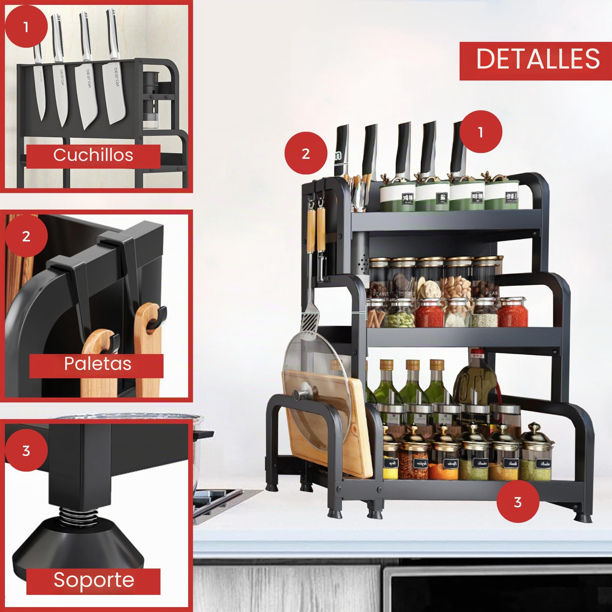 MAGIC SELECT Organizador de Especias. Especiero para la Cocina de 3 Niveles. Estante de Condimentos, Almacenamiento de Botes, Hierbas y Vajilla para la Despensa. Acero al Carbono.