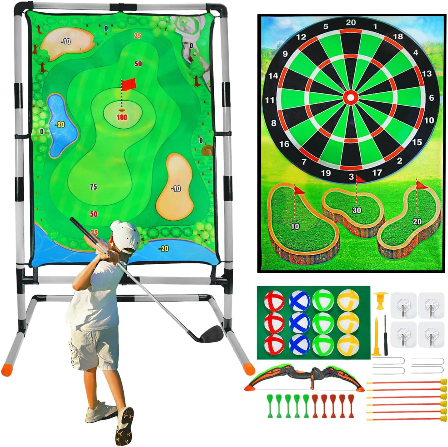 Golf Chipping Game with Stand, Multi-Sport Golf Practice Set with Archery, Darts,Double-Sided Hitting Mat for Backyard Fun, Indoor/Outdoor Sports Toy for Kids & Adults
