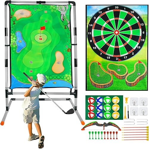 Juego de astillado de golf con soporte, juego de práctica de golf multideportivo con tiro con arco, hacha, dardos, alfombrilla de golpeo de doble