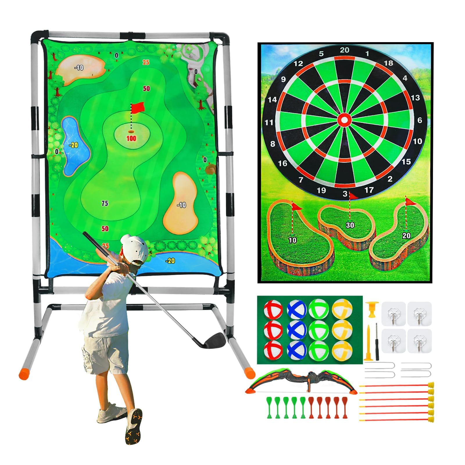 grnpeak Golf Chipping Game with Stand, Multi-Sport Golf Practice Set with Archery,Hatchet,Darts,Double-Sided Hitting Mat for Backyard Fun, Indoor/