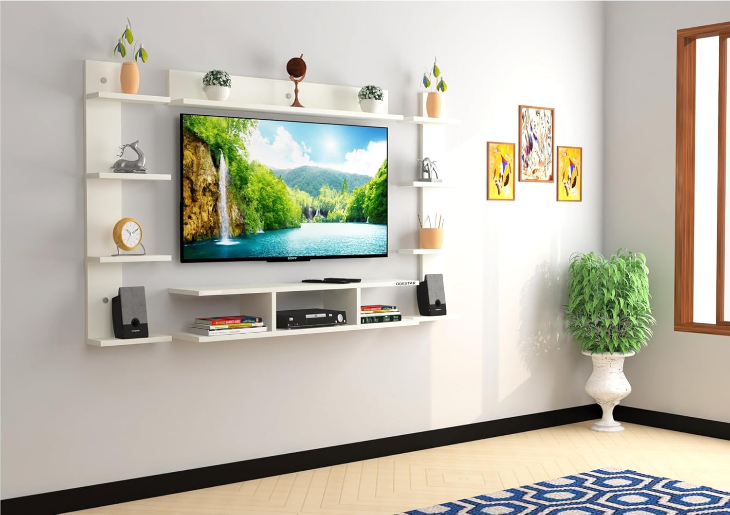 Odestar TV Unit Stylish Design with Engineering Wood Finish TV Stand Wall Mount with Set Top Box Stand and Wall Shelf Display Rack Suitable for Modern Homes for Upto 32 Inch TV (White)