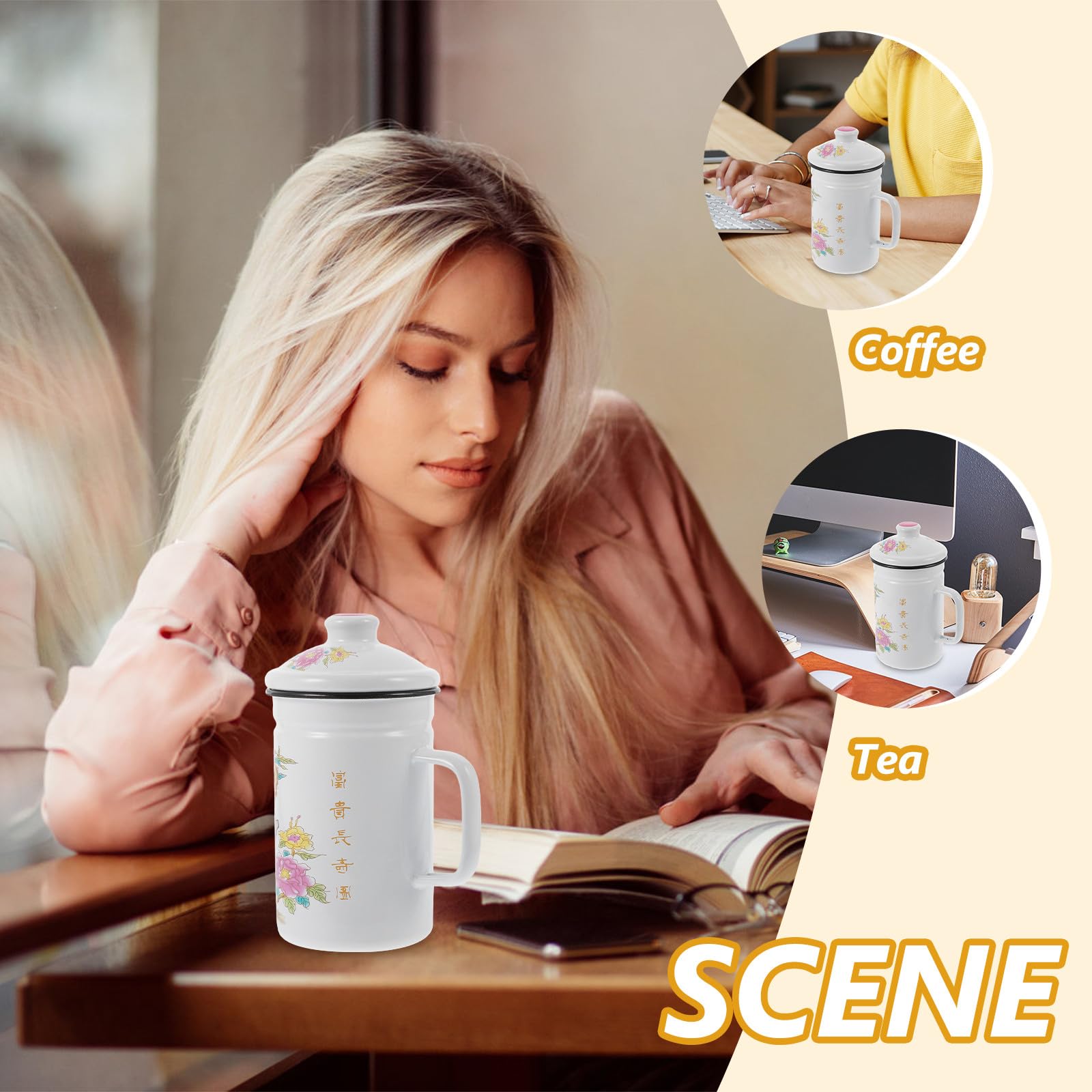 Taza de Esmalte y Mango Ergonómico Capacidad 0.6 L con Infusor de Té Diseño Resistente al Calor para Oficina y Hogar