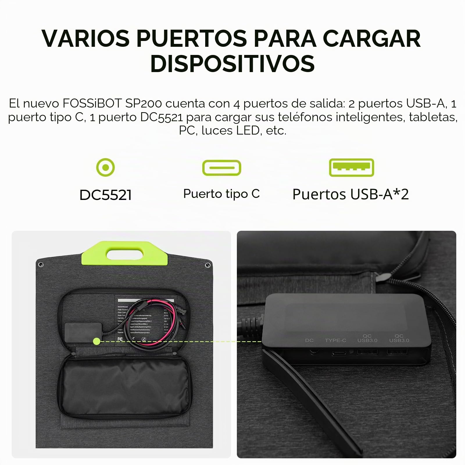 FOSSIBOT Panel solar portátil de 200 W, kit de panel solar plegable, módulo de eficiencia del 23,4% IP67, resistente al agua para camping, F1200 F2400 F3600, estación de energía portátil, generador
