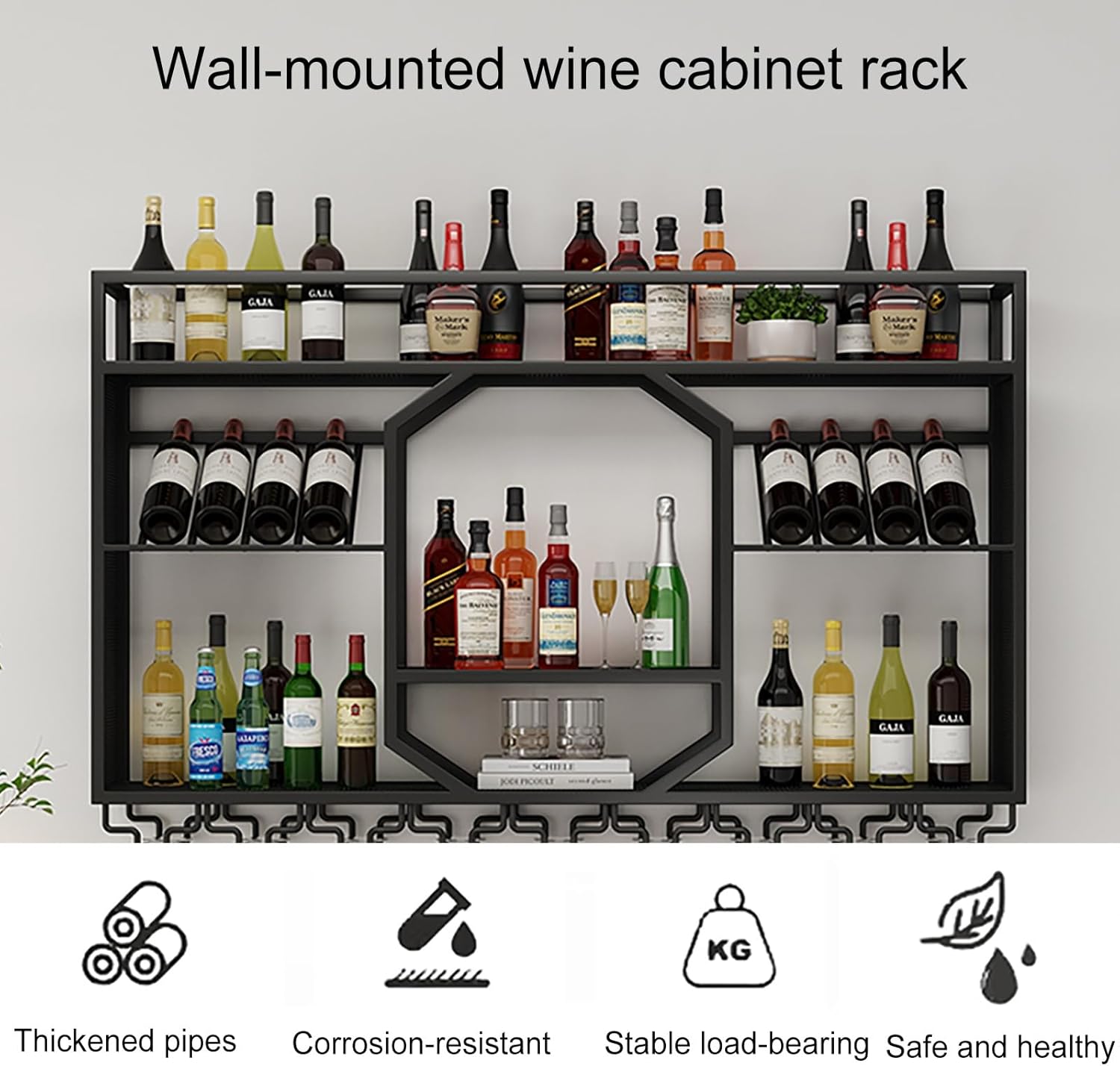 Large Capacity Wall Mounted Wine Rack, Metal Hanging Bar Shelves with Glass Holder, Multifunctional Storage for Kitchen, Living Room, Home Décor (Black, 39x10x31in)