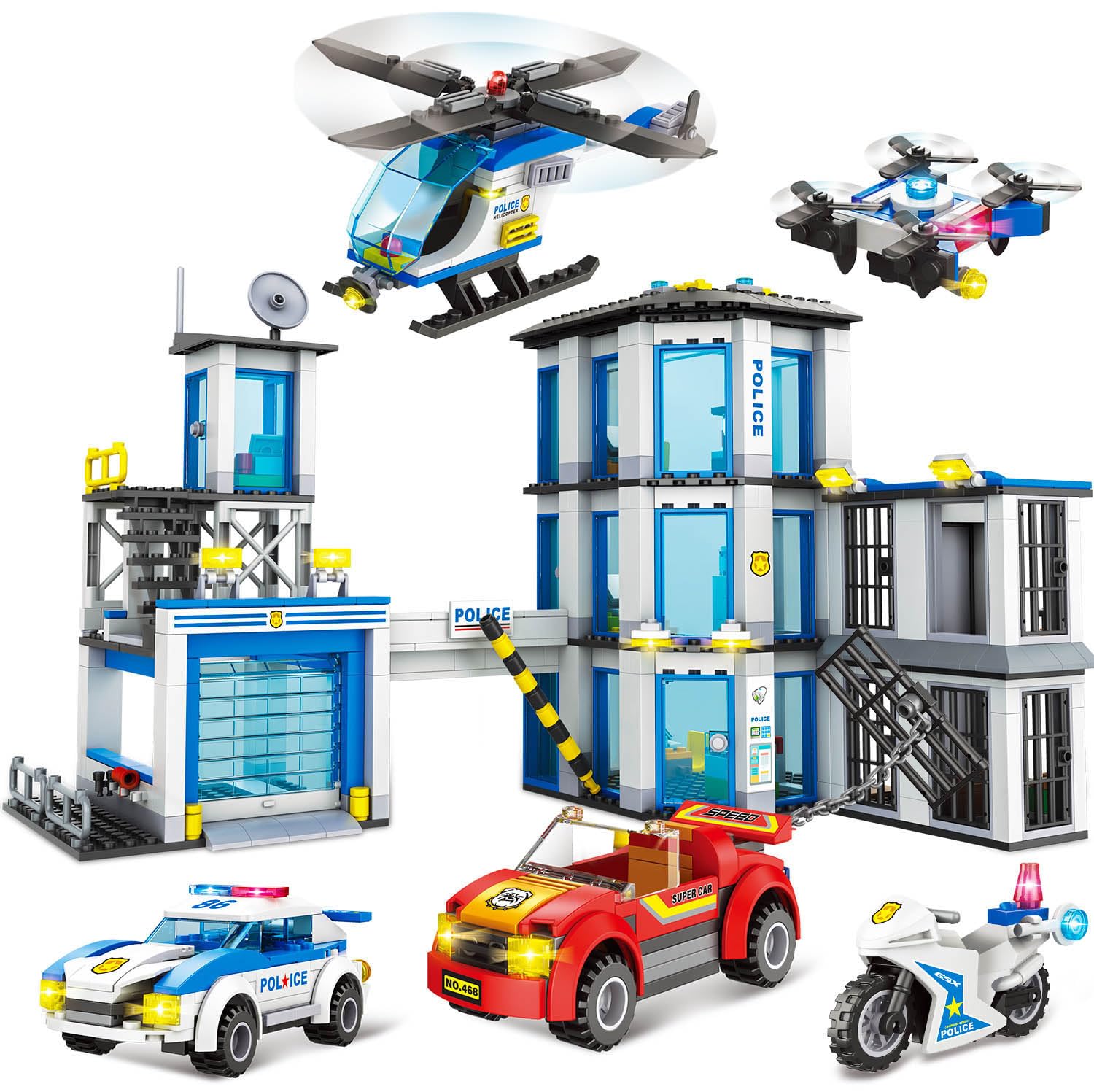 City Police Command Center Station 3-story Building Kit with Cop Car, Jail Cell, Watchtower, Garage, and Helicopter, Creative Building Block Toy and Birthday Gift for Boys Aged 6-12 (879 Pieces)