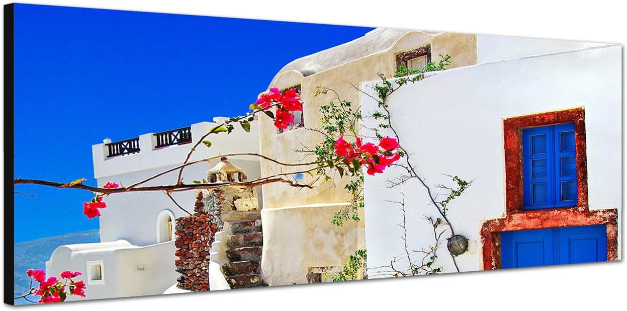 Wall Picture with Stretcher Frame 150 x 50 CM on Santorini Town House Flowers Summer
