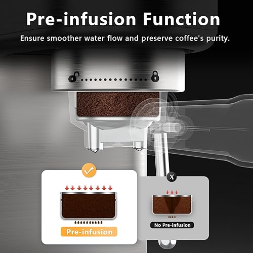 Miniatura 5 de Máquina de café expreso con espumador de leche, 20 bares de alta presión profesional, máquina de café automática, compacta de acero inoxidable para