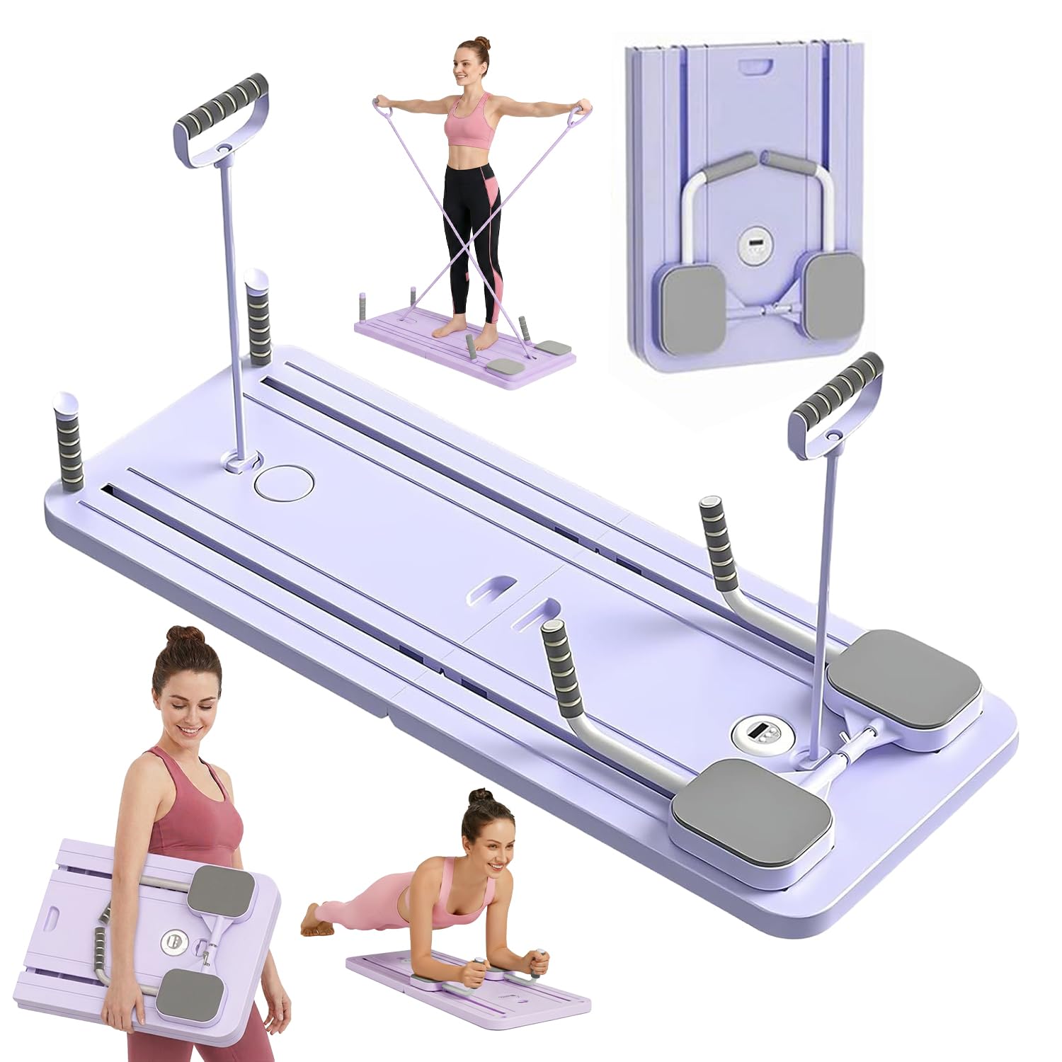 Saha® Tavola Pilates Reformer Viola | Attrezzo Addominali Fitness Casa con Bande di Resistenza, Maniglie e Timer | Yoga Core Allenamento Corpo Completo | Original Corner