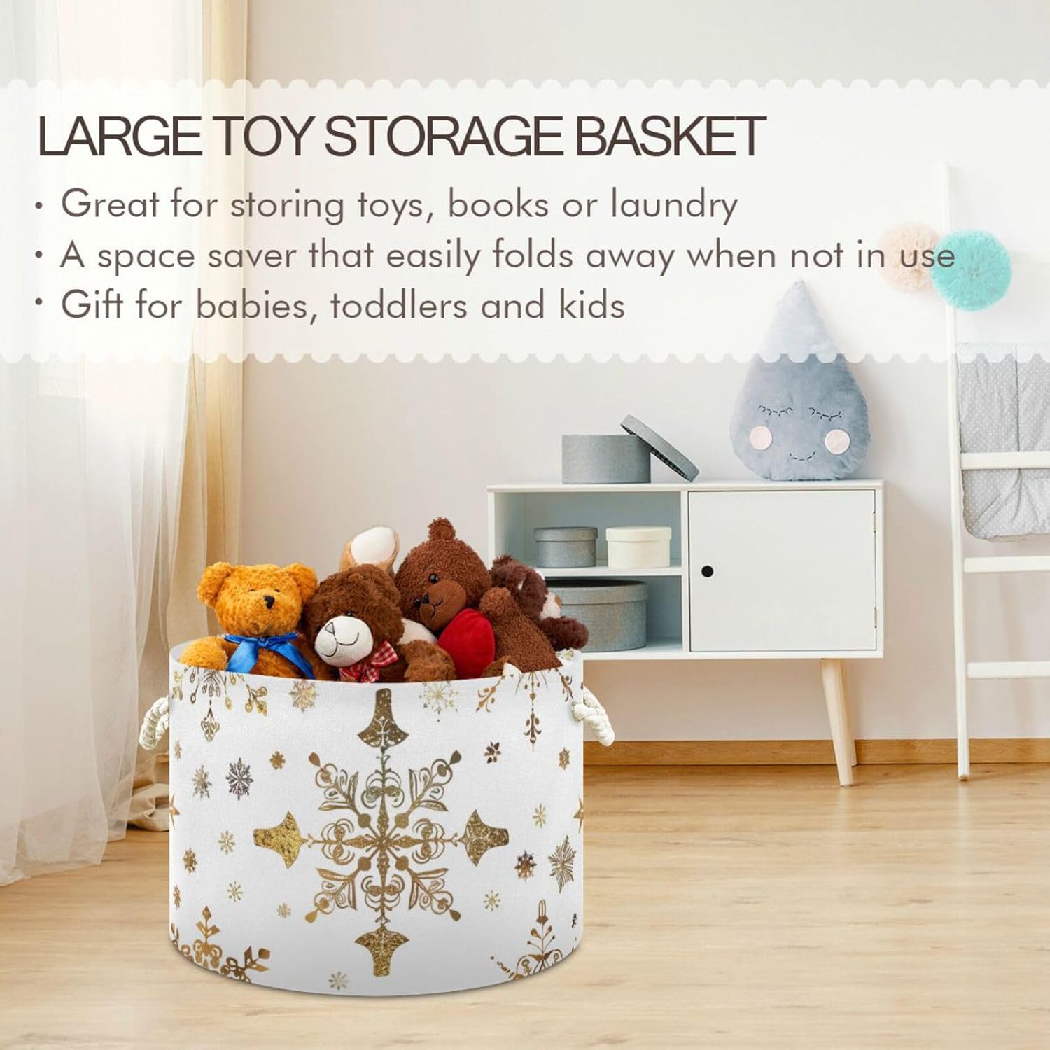 senya Christmas Basket Storage, Gold White Snowflakes Pattern Storage Bin Box Laundry Hamper Organizer Bag with Handles for Clothes