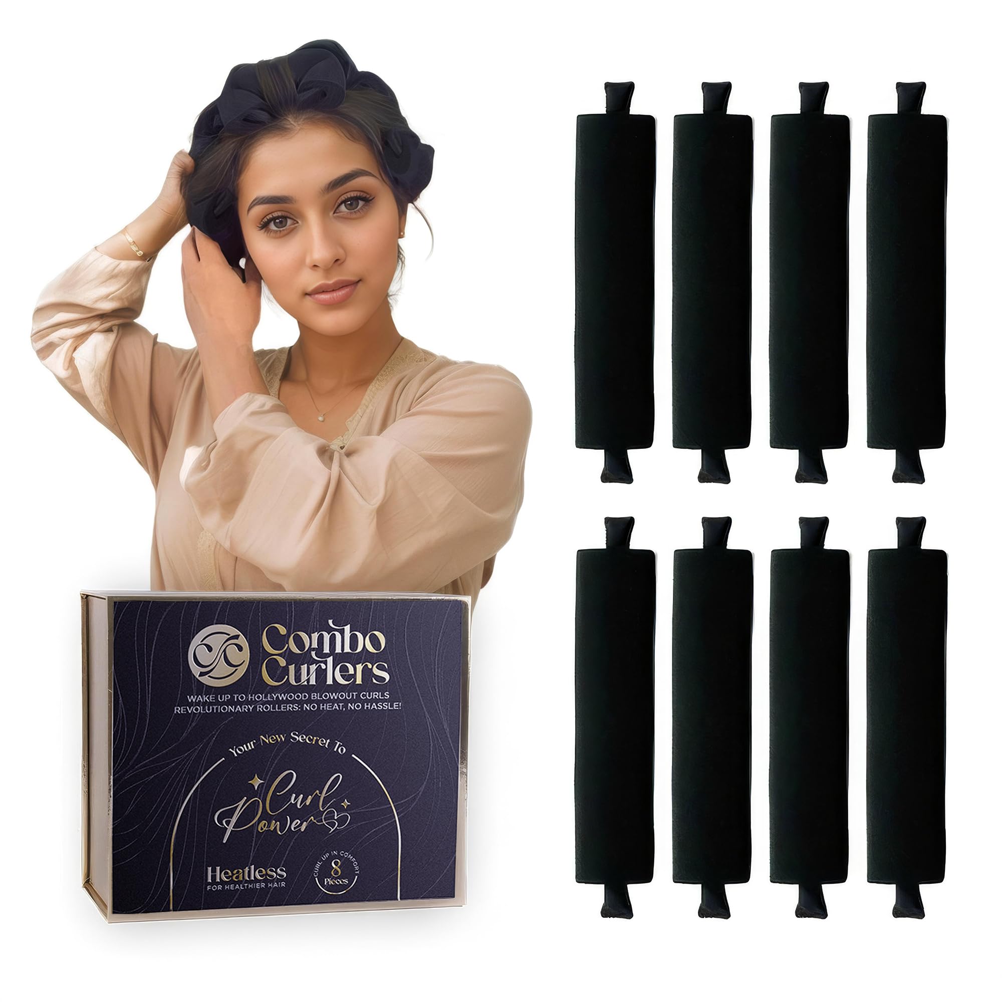 Heatless Hair Curlers - Overnight Foam Rollers for Sleeping, No Heat Curlers for Women, Satin Wrapped Ends & Soft, 8pc Set for Hollywood Blowout Curls (Black)