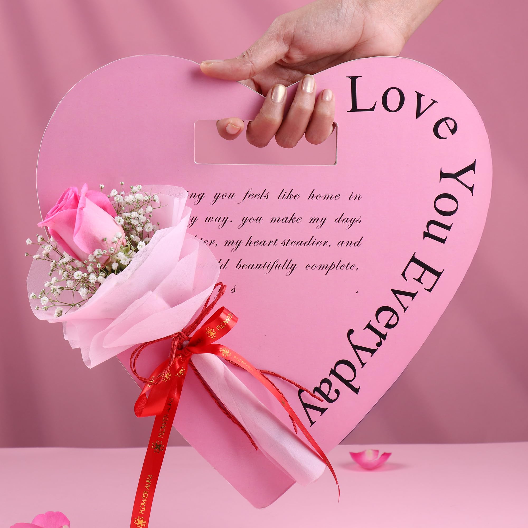 FlowerAura Romantic Fresh Live Flower Bouquet of Single Pink Roses In Heart Flap Packing Gift For Birthday | Anniversary | Love Surprise | Rose Day | Valentine's Day (Same Day Delivery)-image-18