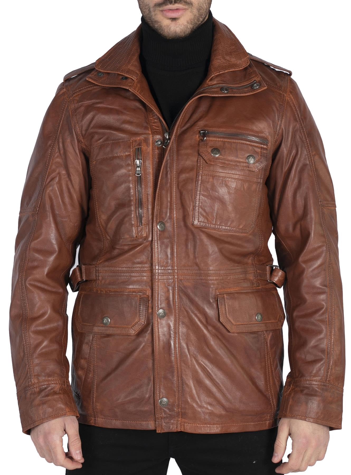 TruClothing Men's Trenchcoat Jacket Outwear Windproof Winter Parka Military Real Leather Jackets Coat - Timber L