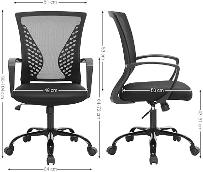 SONGMICS Ofis Sandalyesi, 360 Döner Sandalye, Sallanma Fonksiyonlu, Nefes Alabilir, Ofis, Çalışma Odası, 120 Kg'A Kadar Taşıyabilir, Siyah, Obn22Bk
