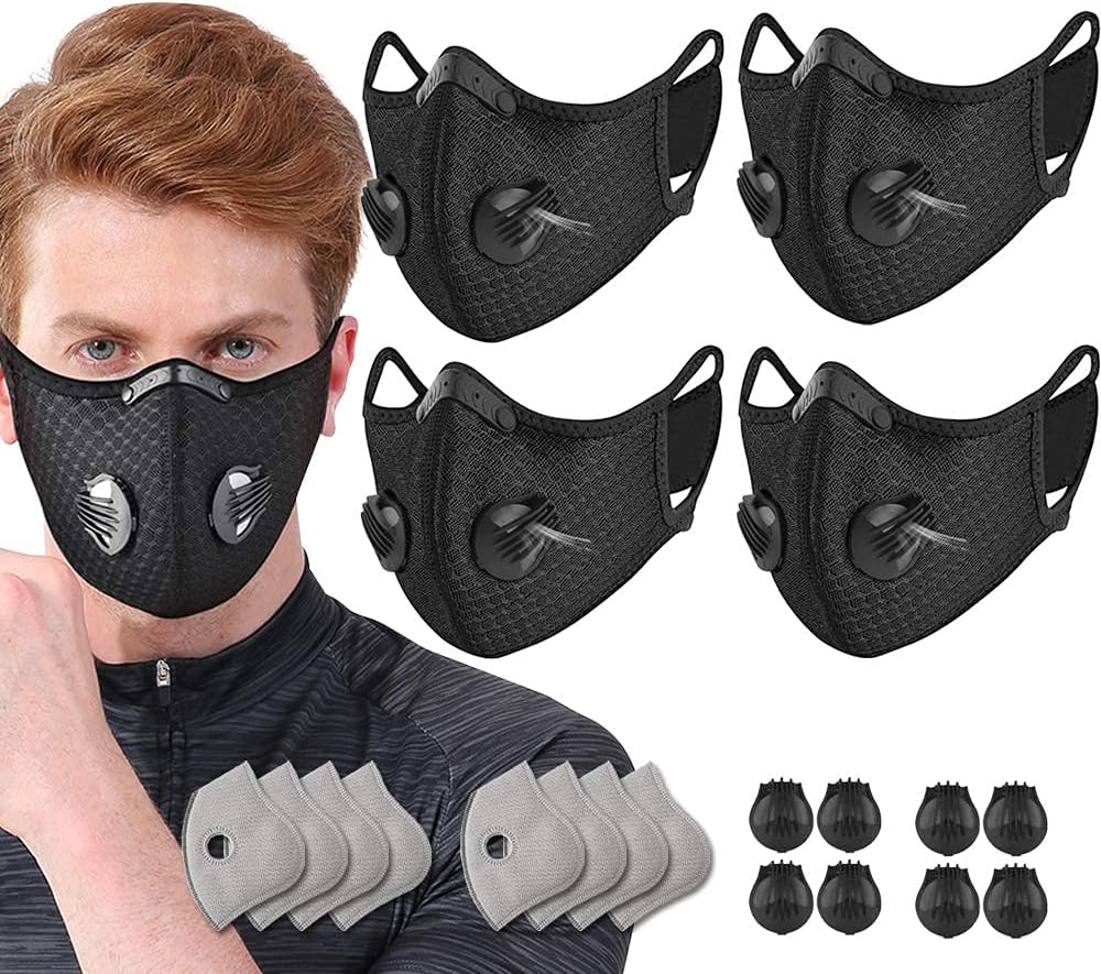 4 Pack Adjustable Reusable Face Protection with 8 Carbon Filters and 8 Valves for Cycling Sport Black