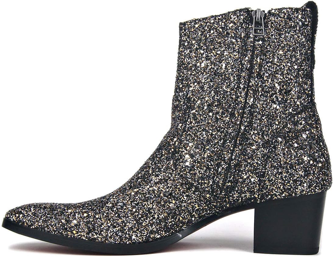 OSSTONE Dress Boot for Men Leather Glitter Chukka Designer Boots Casual Heel Shoes Zipper-up - Image 2