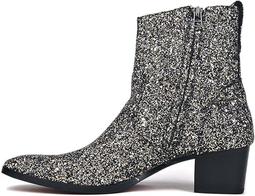 Miniatura 2 de OSSTONE Botas de vestir para hombre, botas de cuero con purpurina Chukka, zapatos de tacón casuales con cremallera