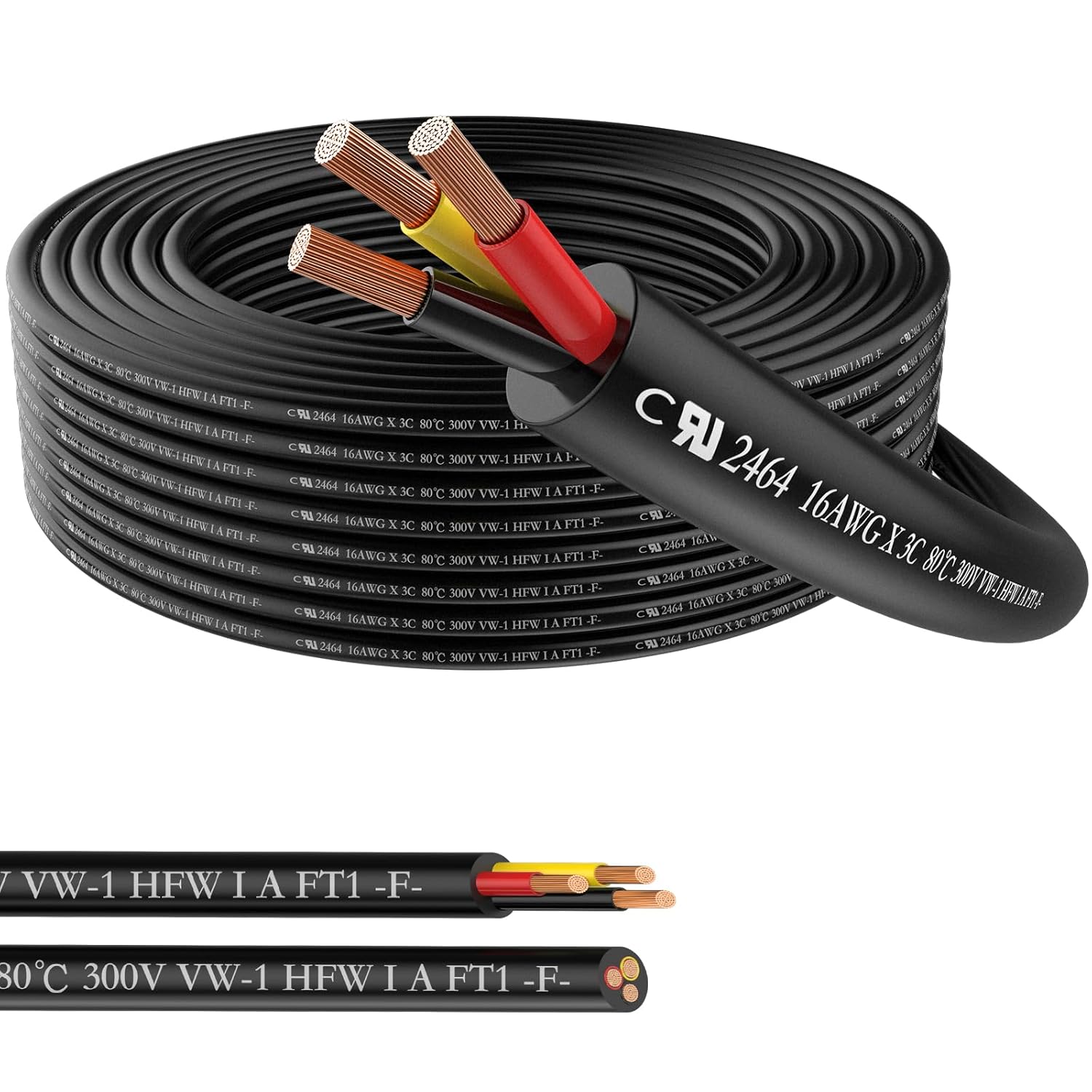 16 Gauge 3 Conductor 50 FT PVC Sheathed Stranded Low Voltage Wire and Cable, 16/3 Tinned Copper Hookup Wire, Flexible Extension Cord UL Listed 50FT 16AWG-3C