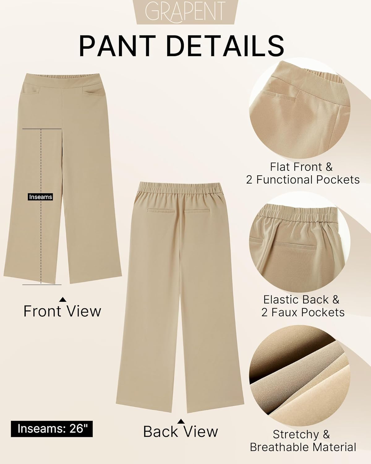 GRAPENT Cropped Pants for Women Trendy Business Casual High Waisted Pull On Wide Leg Stretchy Dress Pants with Pockets - Image 4