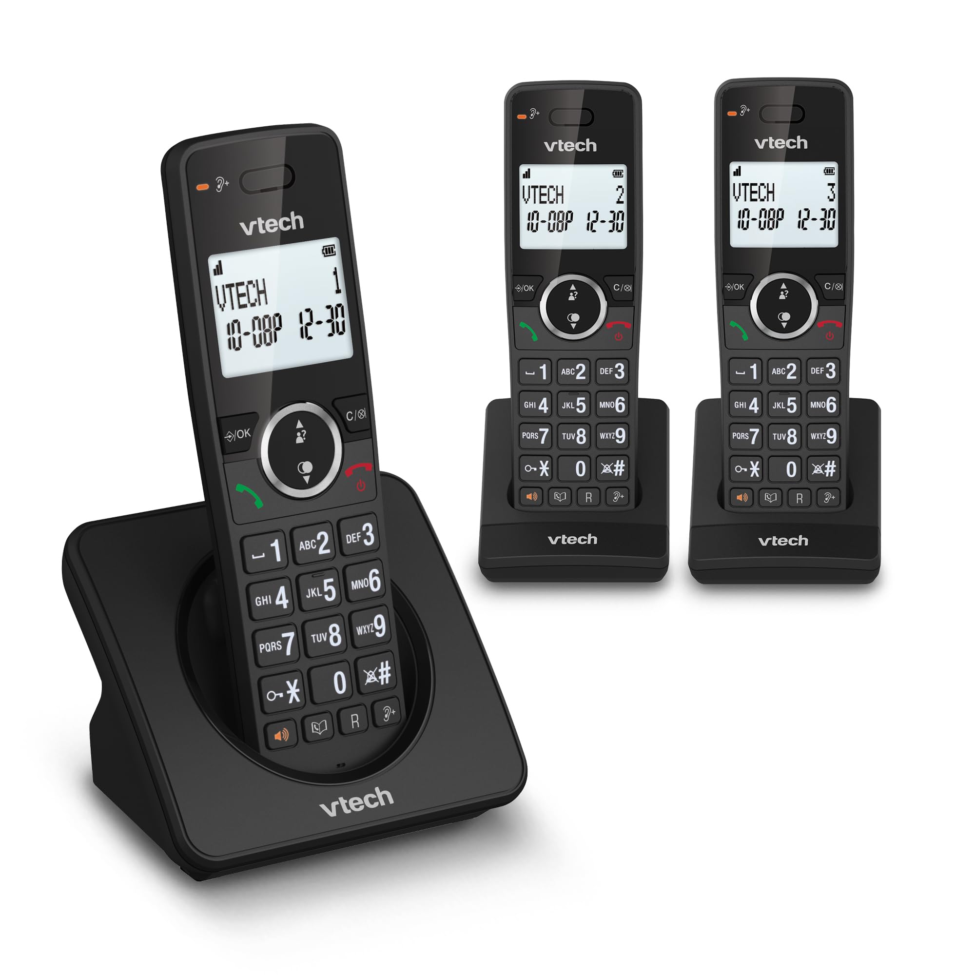 VTech DECT sans Fil à 3 combinés, Blocage d'appel, rétroéclairé, conférence, 18 Heures d'autonomie, amplificateur, Haut-Parleur Mains Libres, numérotation Rapide, Mode ECO et Silencieux | ES2002