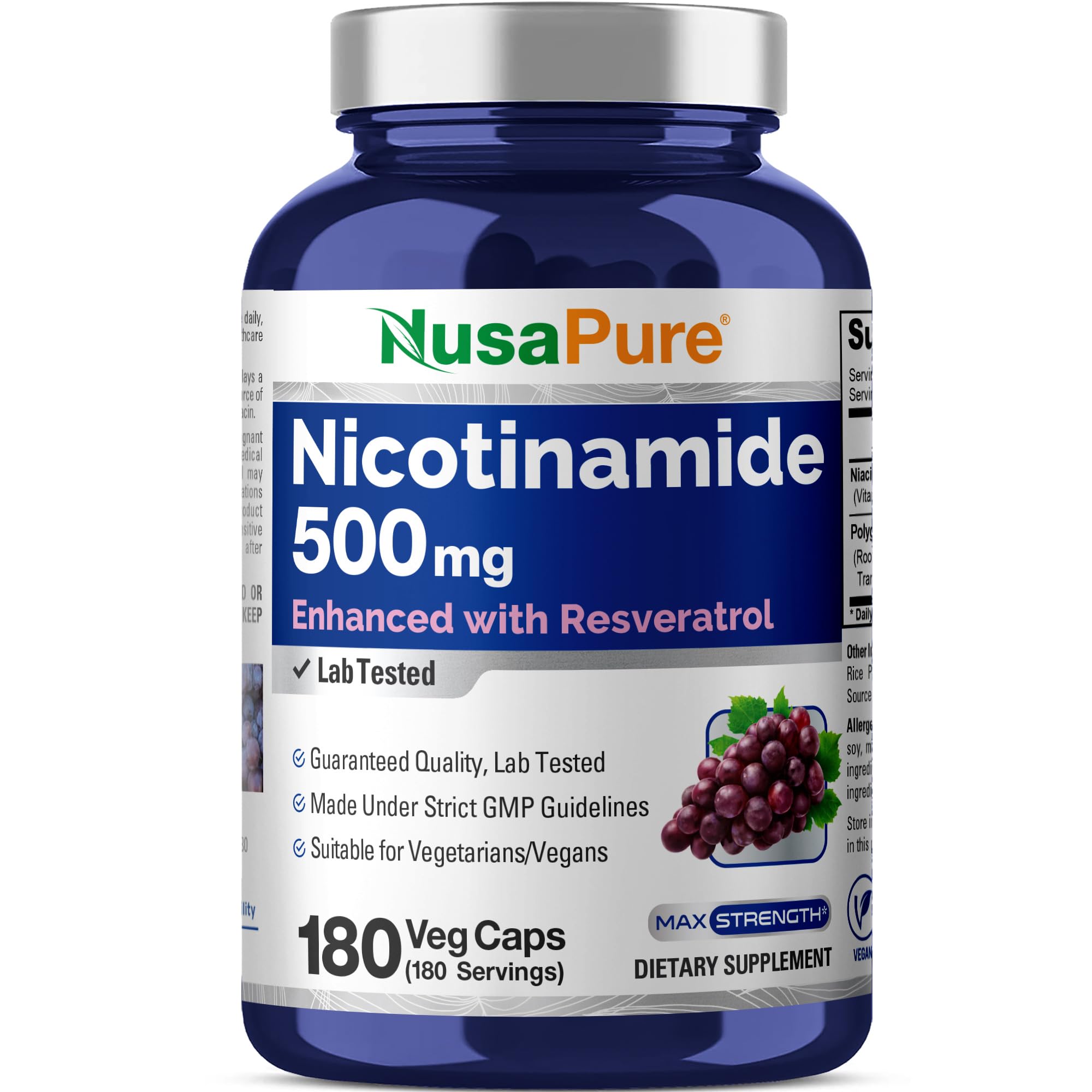 NusaPure Nicotinamide with Resveratrol (Vitamin B-3) 500 mg - 180 Vegetarian Caps (Non-GMO & Vegan)