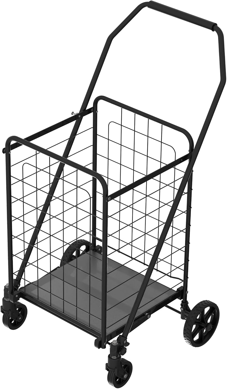Shopping Cart with Shelf,Grocery Cart on Wheels, Foldable Utility Shopping Carts with Double Basket and 360° Rolling Swivel Wheels for Groceries Laundry