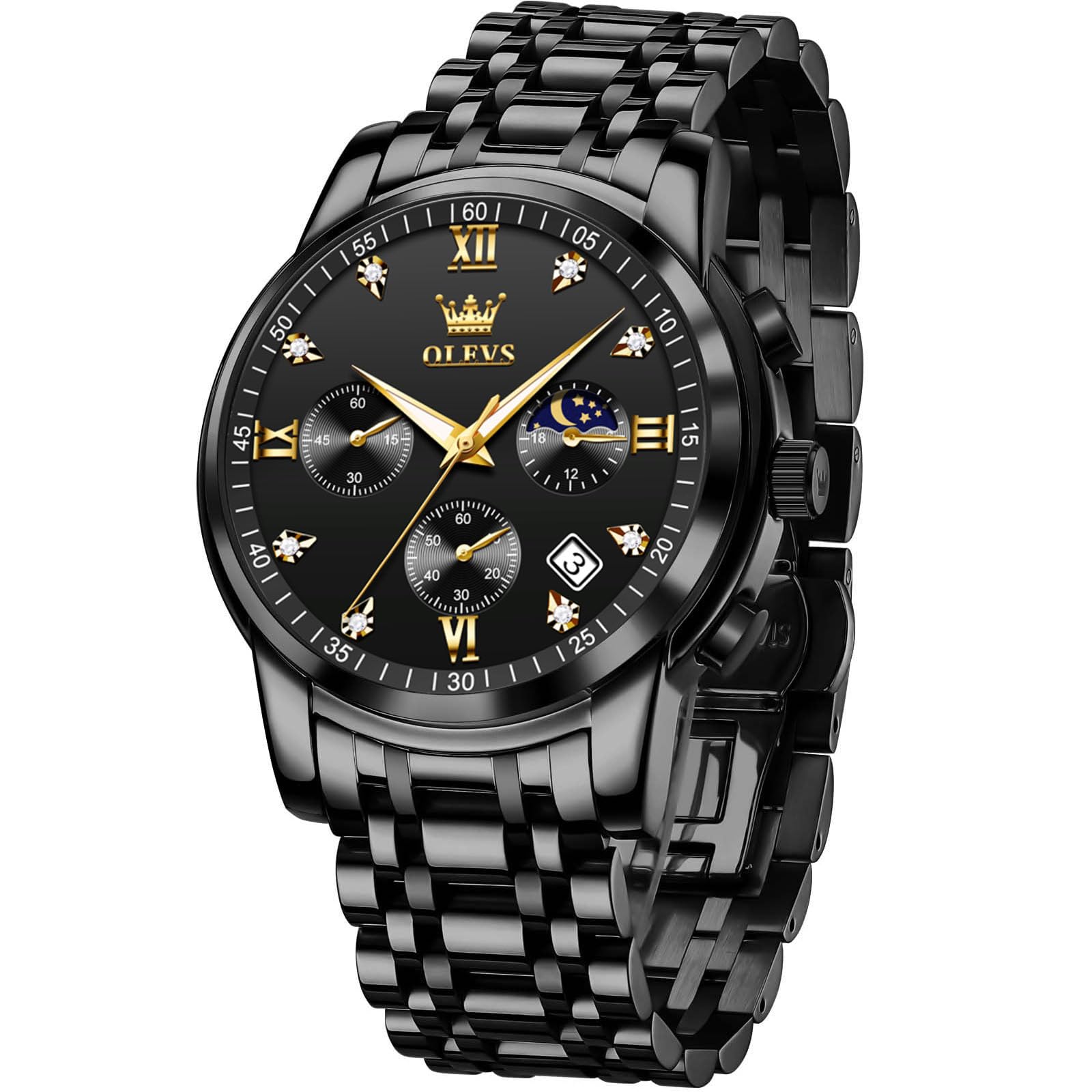 OLEVS Edelstahl Herrenuhren Chronograph Modern Quarz Analog Armbanduhr Herren mit Datum Diamant Leuchtende Uhren Herren Metallarmband Geschenke für Männer