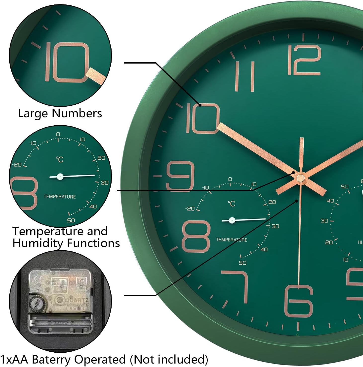 12 Inch Silent Non-Ticking Wall Clock with Temperature and Humidity, Battery Operated Modern Analog Clock with Large Numbers for Bedroom Living Room Office Kitchen Farmhouse Outdoor, Green