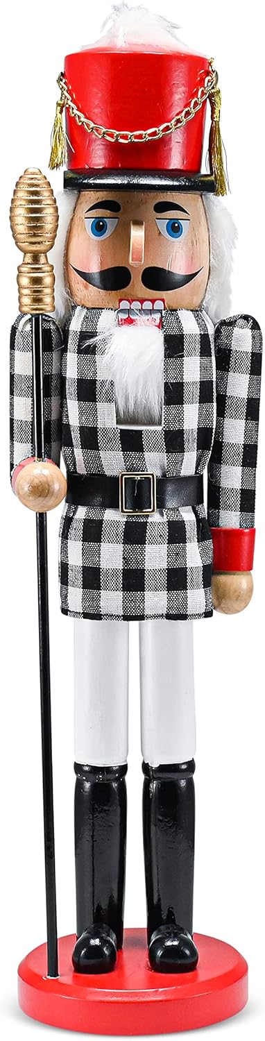 Ornativity Christmas Checkered Soldier Nutcracker – Black and White Wooden Nutcracker Toy Soldier Knight with a Staff in Hand Xmas Themed Holiday Nut Cracker Figure Decorations 15"