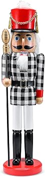 Ornativity Christmas Checkered Soldier Nutcracker Black and White Wooden Nutcracker Toy Soldier Knight with a Staff in Hand Xmas Themed Holiday Nut Cracker Figure Decorations 15"
