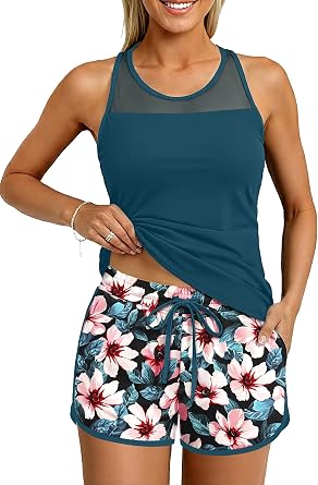 Tankini with Shorts Two Piece Swimsuit High Neck Tummy Control Pocket | Removable pads for custom lift, Gathered side seams to flatter curves, Dolphin hem, Mesh racerback for airflow