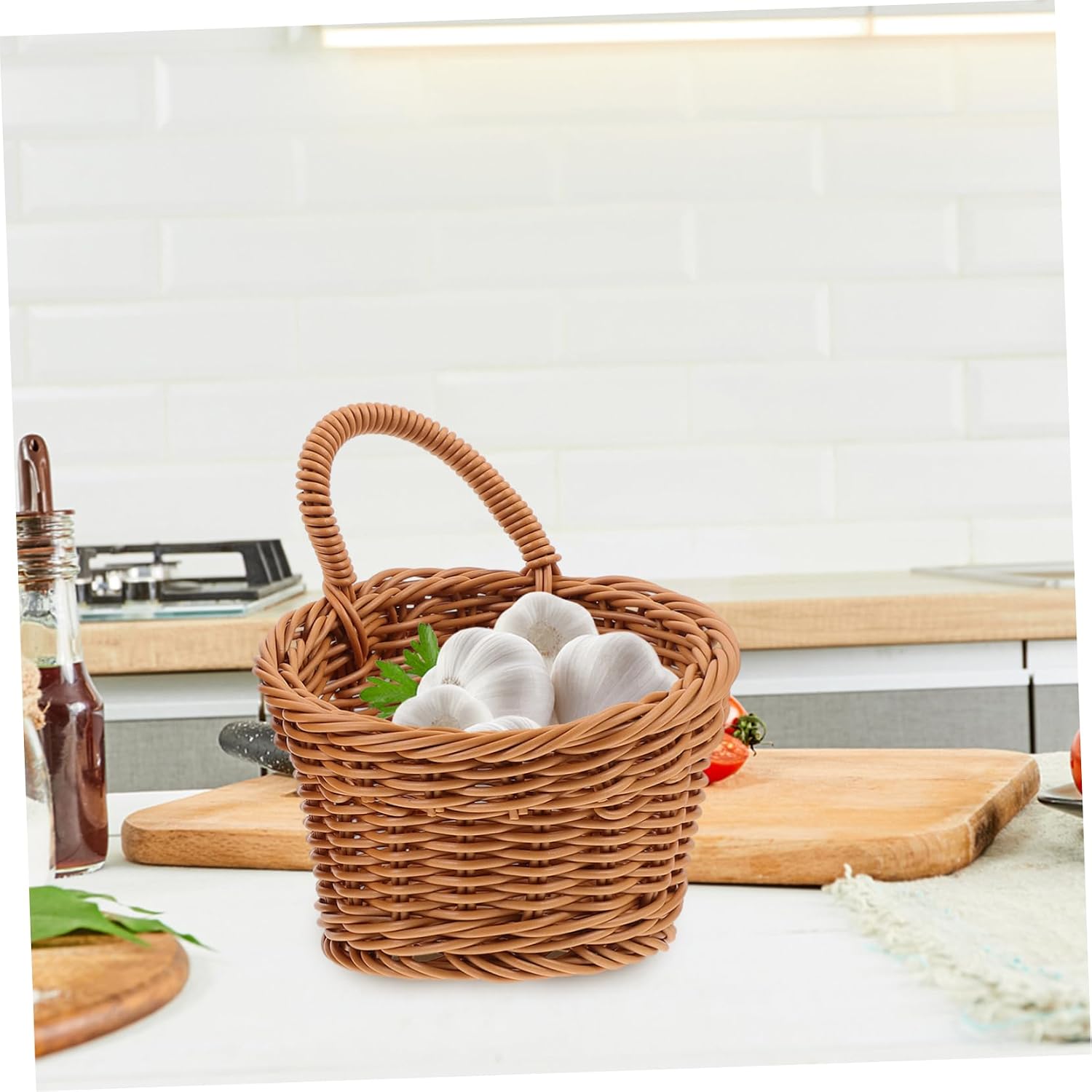 Kichvoe Wall Hanging Basket for Onion Ginger Garlic Storage 7.28X6.10X6.10In Woven Kitchen Organizer with Handle Rustic Wall Mounted Fruit Vegetable Storage