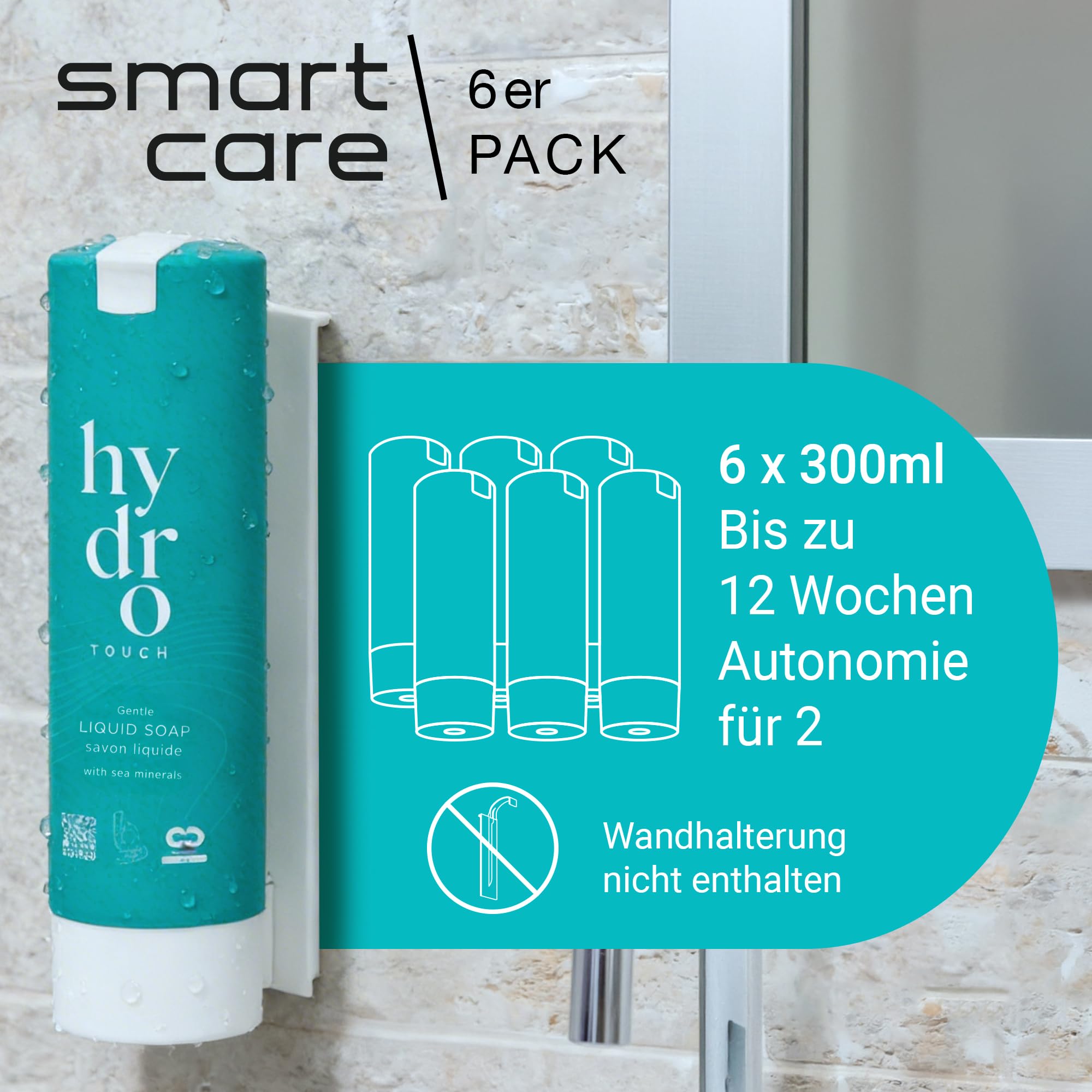 ADA Cosmetics Flüssigseife - 6 x 300 mL Milde, vitalisierende Handseife mit Algenextrakt u. Meeresmineralien - Nachfüllpack für SMART CARE Wandhalterung - Hydro Touch Made in Germany