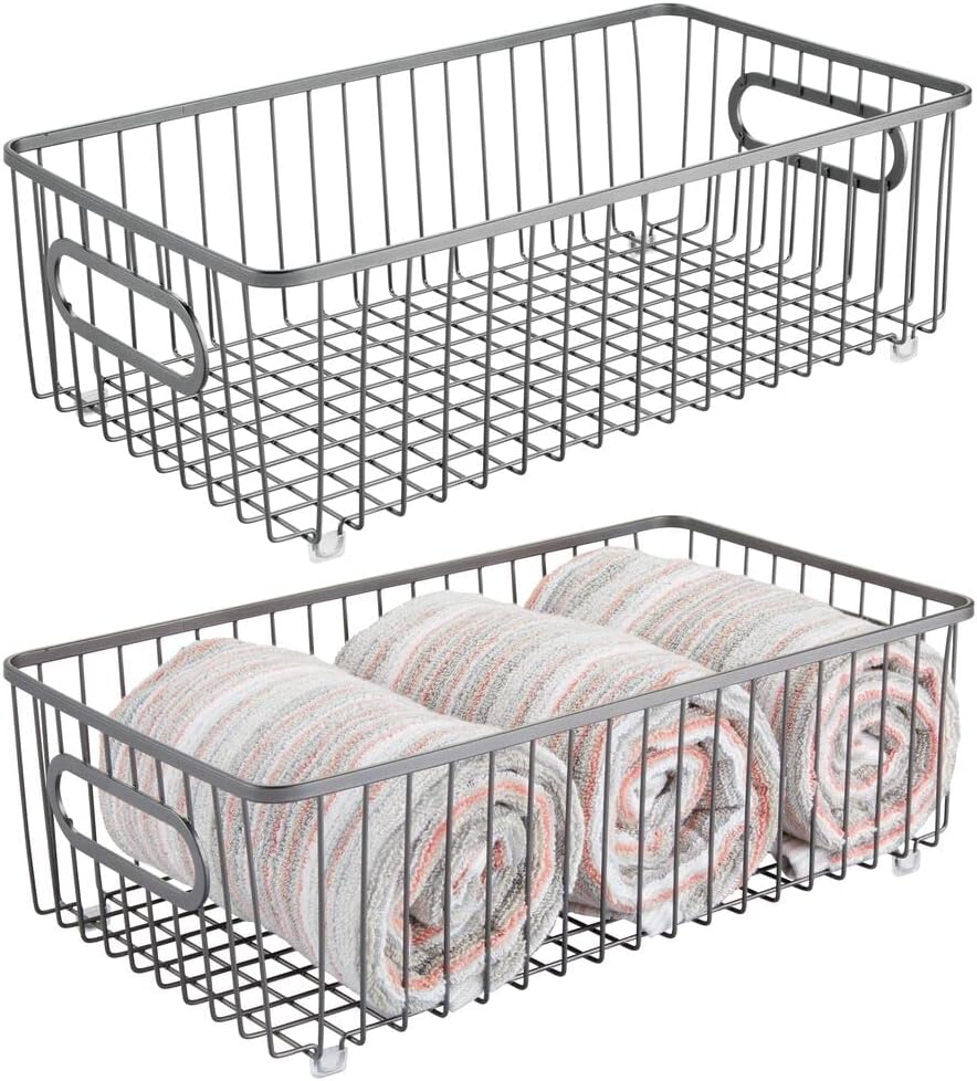 mDesign Metal Bathroom Storage Organizer Basket Bin - Farmhouse Wire Grid Design - for Cabinets, Shelves, Closets, Vanity Countertops, Bedrooms, Under Sinks - Large, 2 Pack - Graphite Gray