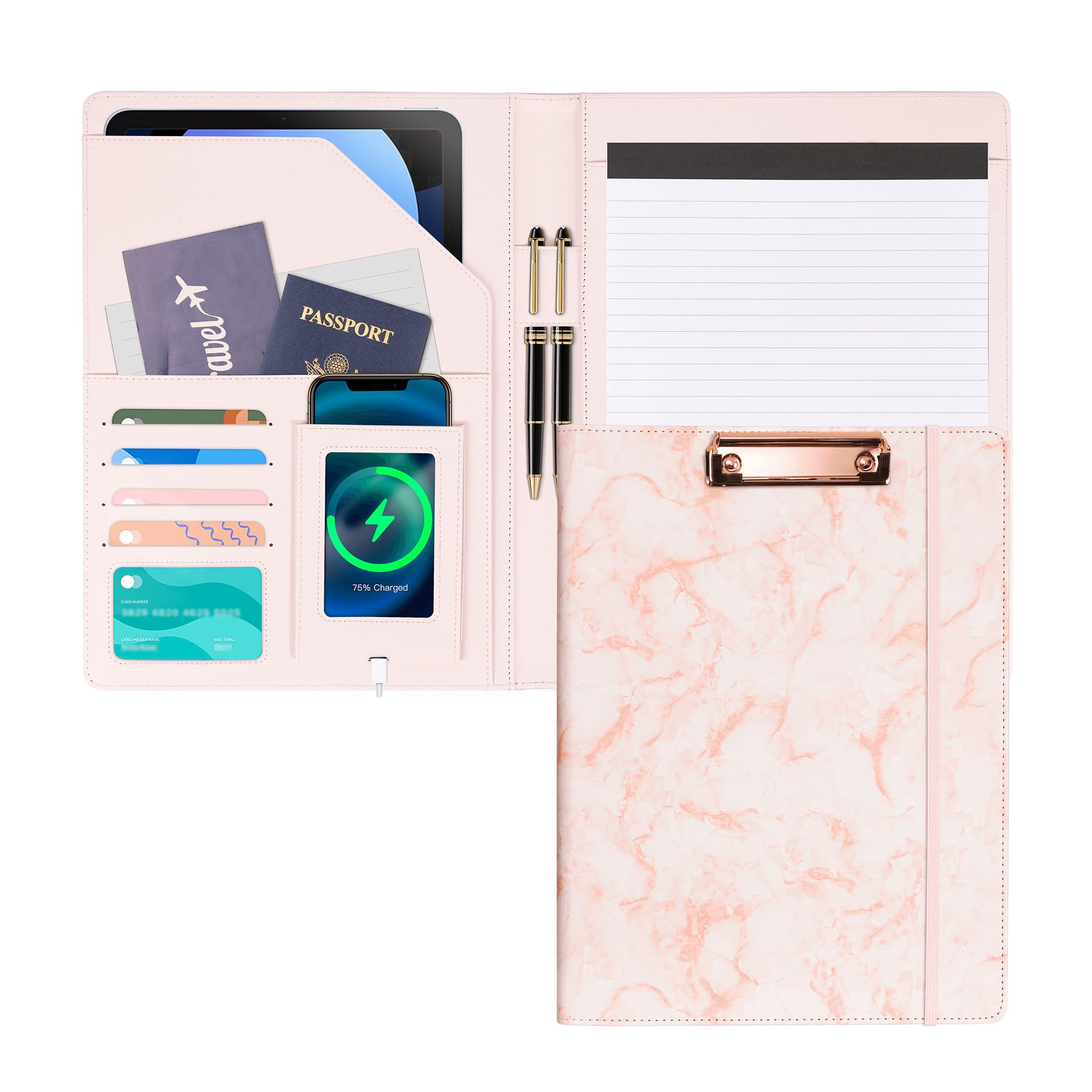 Ospelelf Pink Padfolio for Women Storage Clipboard Folio with Notepad Leather Portfolio Binder for Teacher