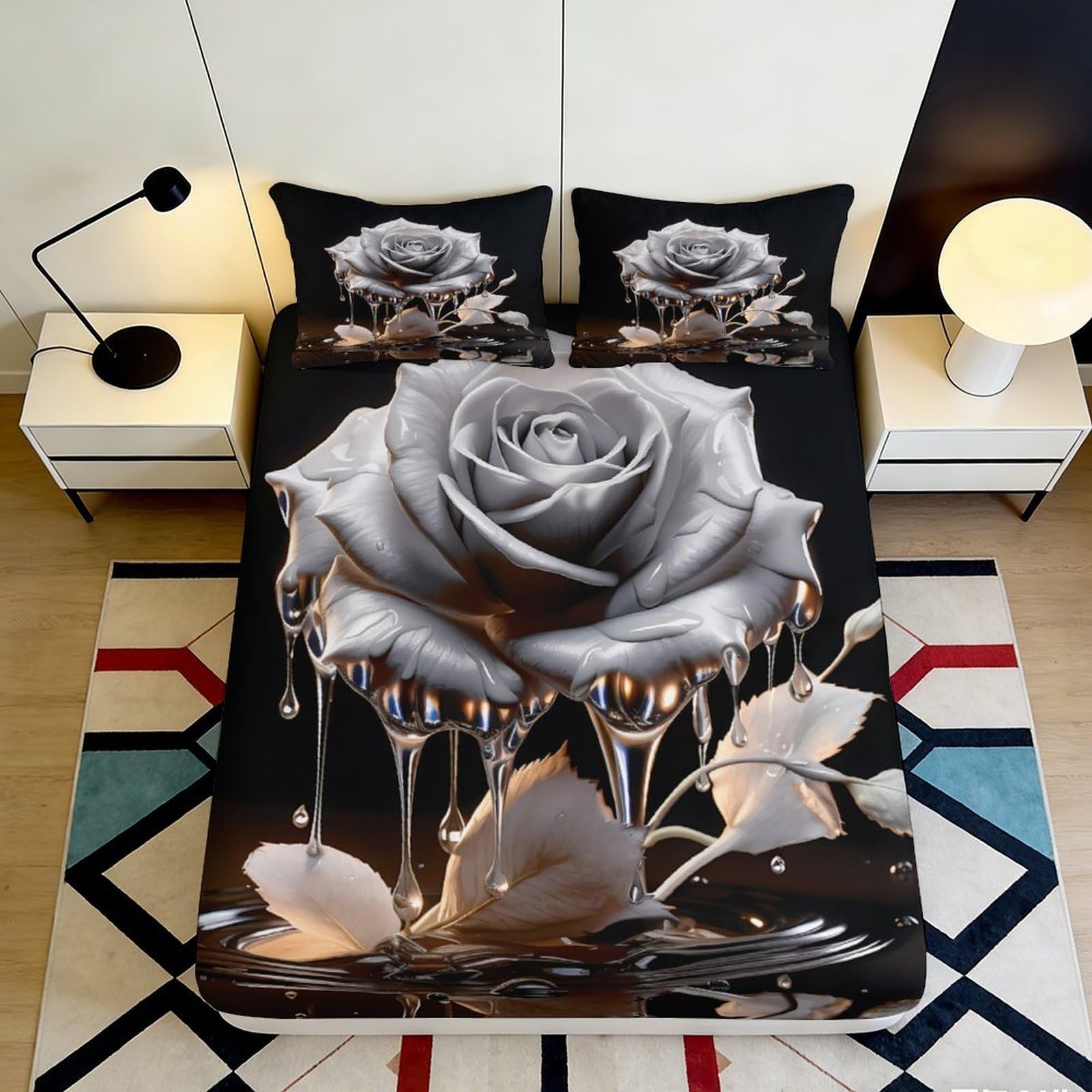 3D Printed Silver Rose Fitted Sheet Microfiber Soft Breathable Dripping Flower Bed Cover for Bedroom Dormitory Guest Room Mattress Protection 160x200x25cm