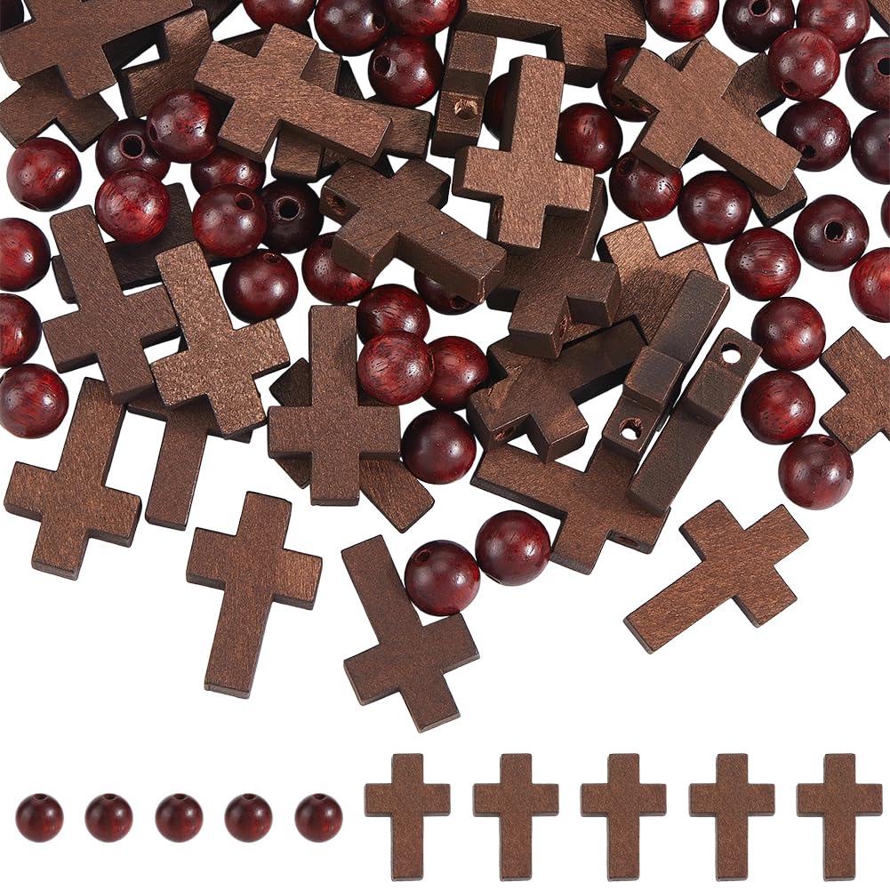 Kit de chapelet en perles de bois avec mini croix et perles rondes de 8mm