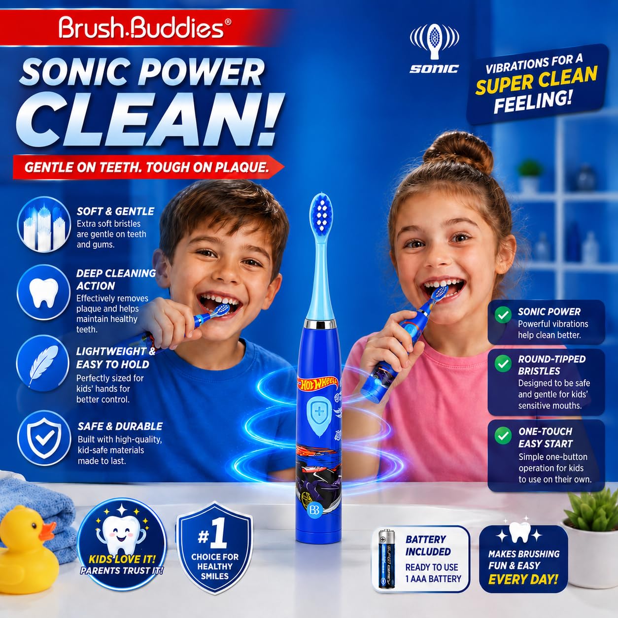 Brush Buddies Hot Wheels Battery Powered Sonic Electric Kids Toothbrush Soft Bristles Rounded Head Children Boys Girls Blue Gentle Cleaning Easy Grip Handle Plaque Removal Oral Care