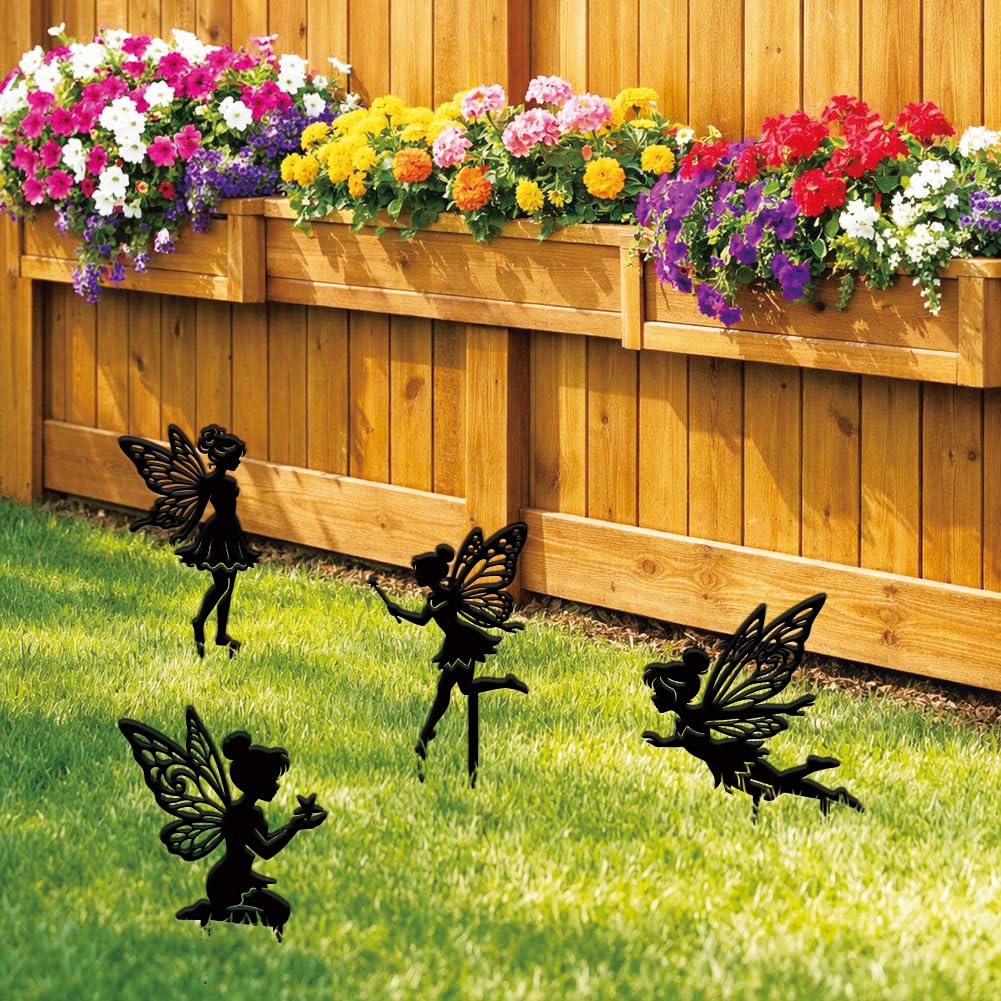 SUPERDANT 4Pcs Fairy Metal Garden Yard Art Decor Black Outdoor Iron Art Decoration Garden Stakes Statues Silhouette Crafts Ornaments for Backyard Parks Lawns Plants Corridors