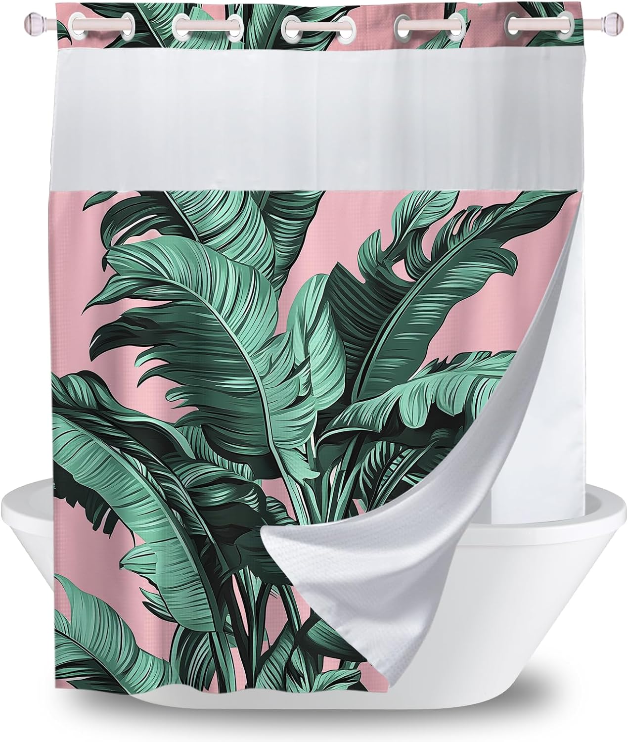 Banana Leaf Palm Theme No Hook Shower Curtain with Snap in Liner, Waffle Fabric Hotel Shower Curtains and Liner Set Washable, Bathroom Decor Double Layer Waterproof with Mesh Window 72Wx74H