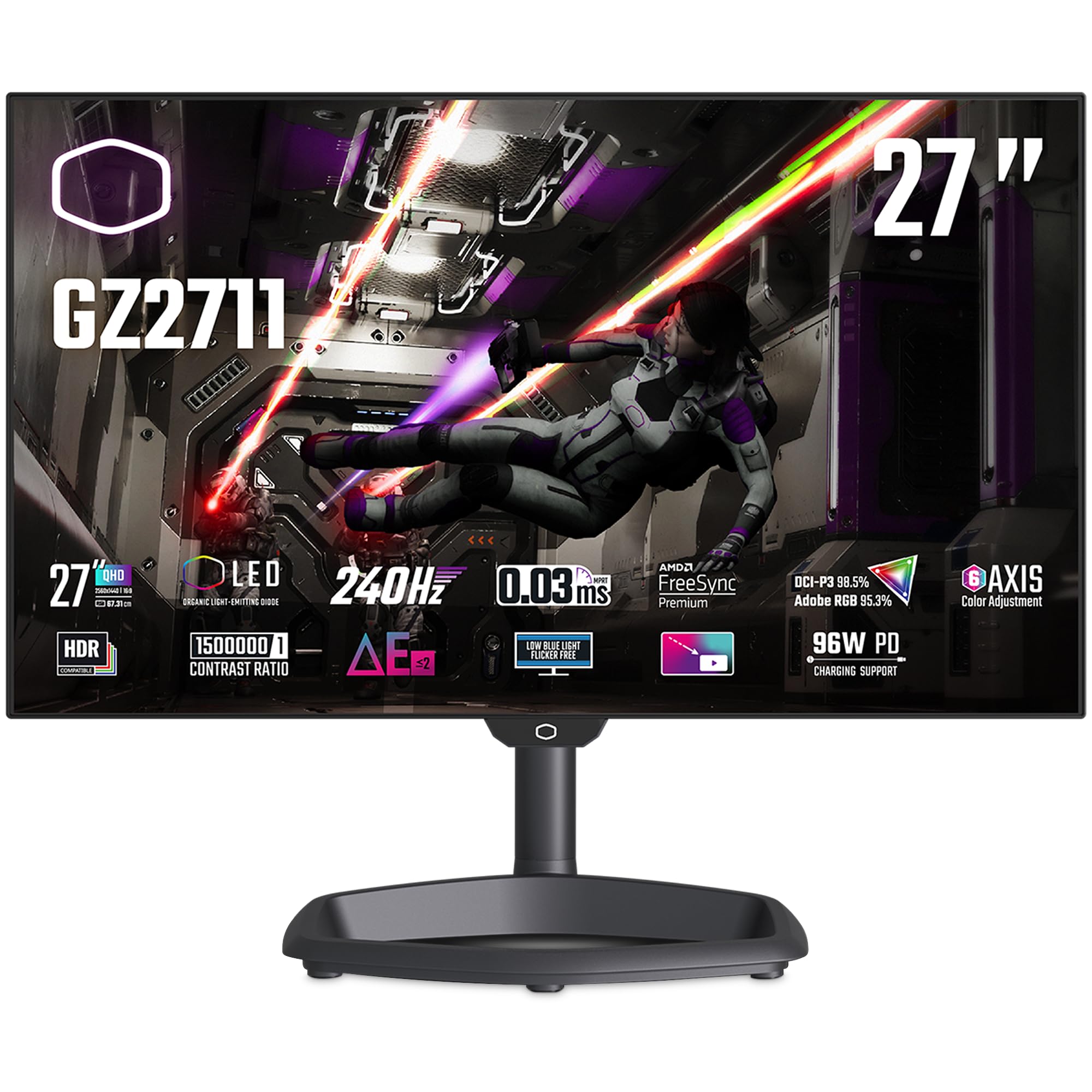 Cooler Master Tempest GZ2711 27" OLED Monitor - WQHD (2560x1440), 240Hz, 0.03ms GtG, WOLED Panel, 98.5% DCI-P3 (ΔE≤2, 10-Bit), KVM, RGB Ambient Light, 4-Way Stand, DP 1.4, HDMI 2.1, USB Type-C (96W)