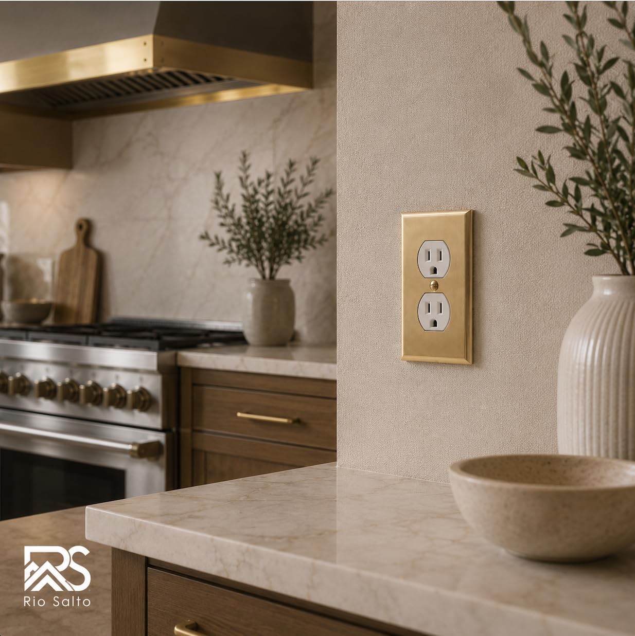 Rio Salto BRASS Signature Collection Brushed Brass Gold Metal Outlet Covers, Decorative Light Switch Cover Plate Wall Plate, Premium, Duplex 1-Gang, 2.75" X 4.50" Standard Size, 2-Pack image 4