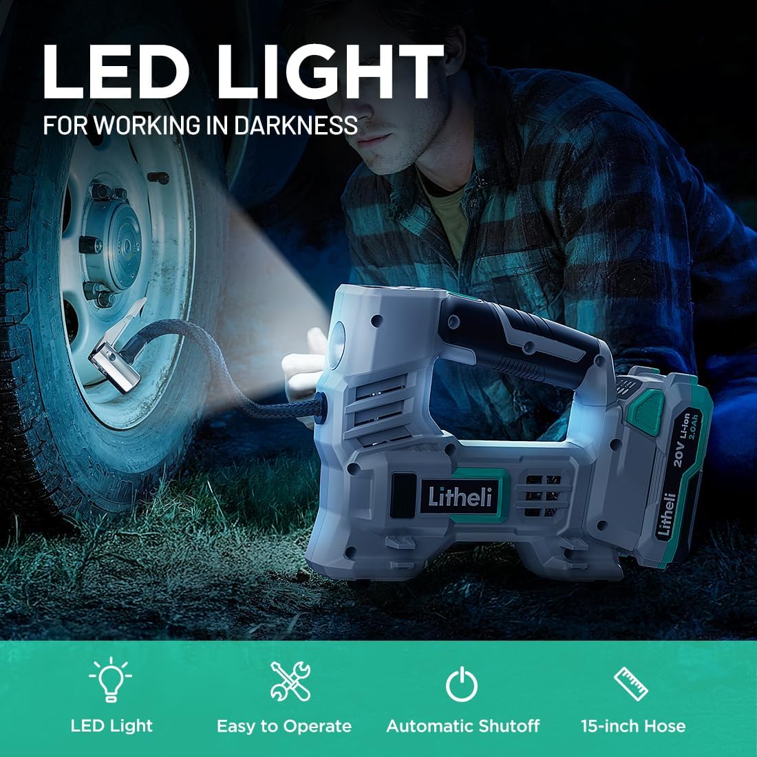 Litheli Tire Inflator with its LED light illuminated, providing visibility for nighttime use.