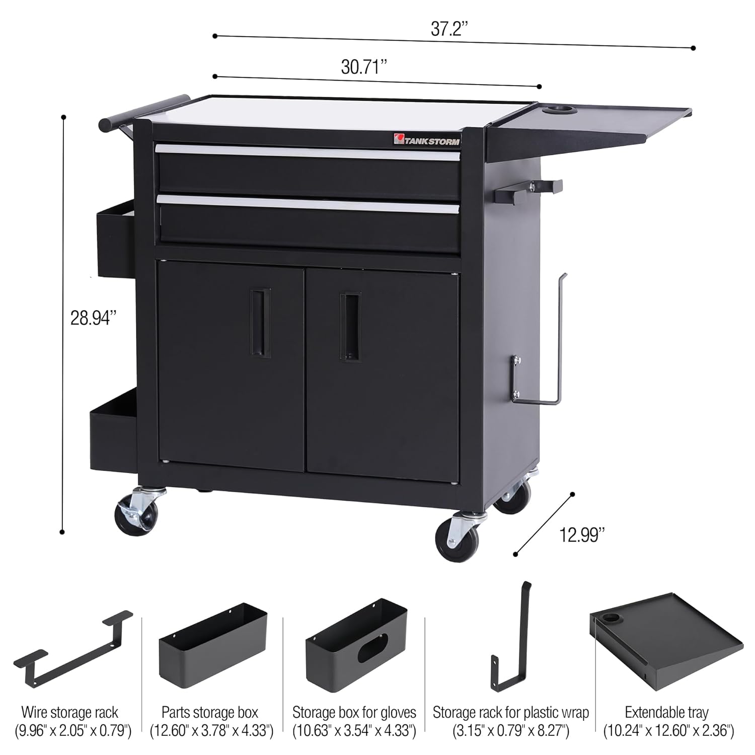 Rolling Tattoo Workstation Cart, 2-Drawer Lockable Utility Cart with Wheels, Metal Rolling Tool Chest with Cabinet & Side Trays, Mobile Workbench for Tattoo Studio, Salon, Garage, Workshop