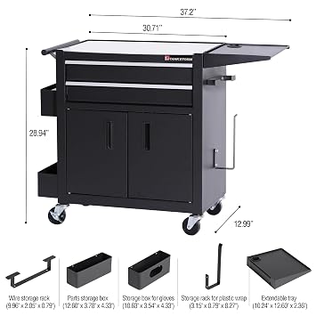 Rolling Tattoo Workstation Cart, 2-Drawer Lockable Utility Cart with Wheels, Metal Rolling Tool Chest with Cabinet & Side Trays, Mobile Workbench for Tattoo Studio, Salon, Garage, Workshop