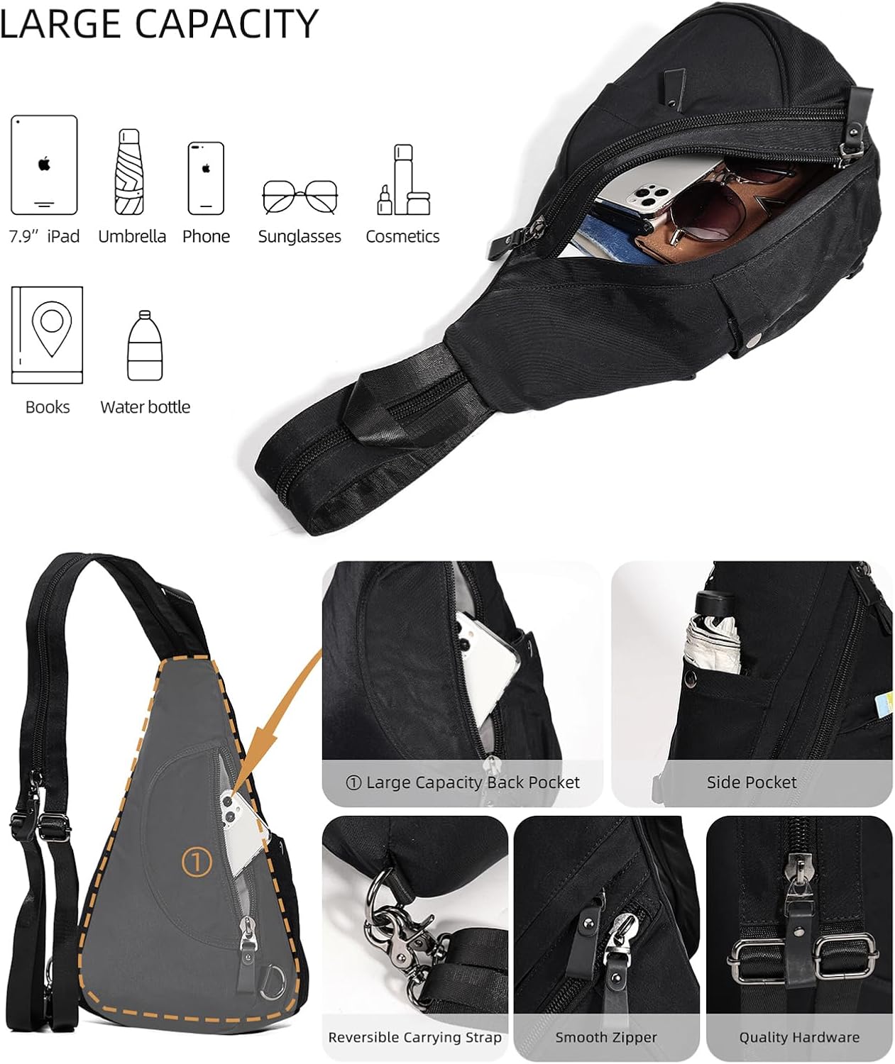 KL928 Nylon Sling Bag - Small Crossbody Backpack Shoulder Casual Daypack Multipurpose Rucksack for Men Women(Black) - Image 4