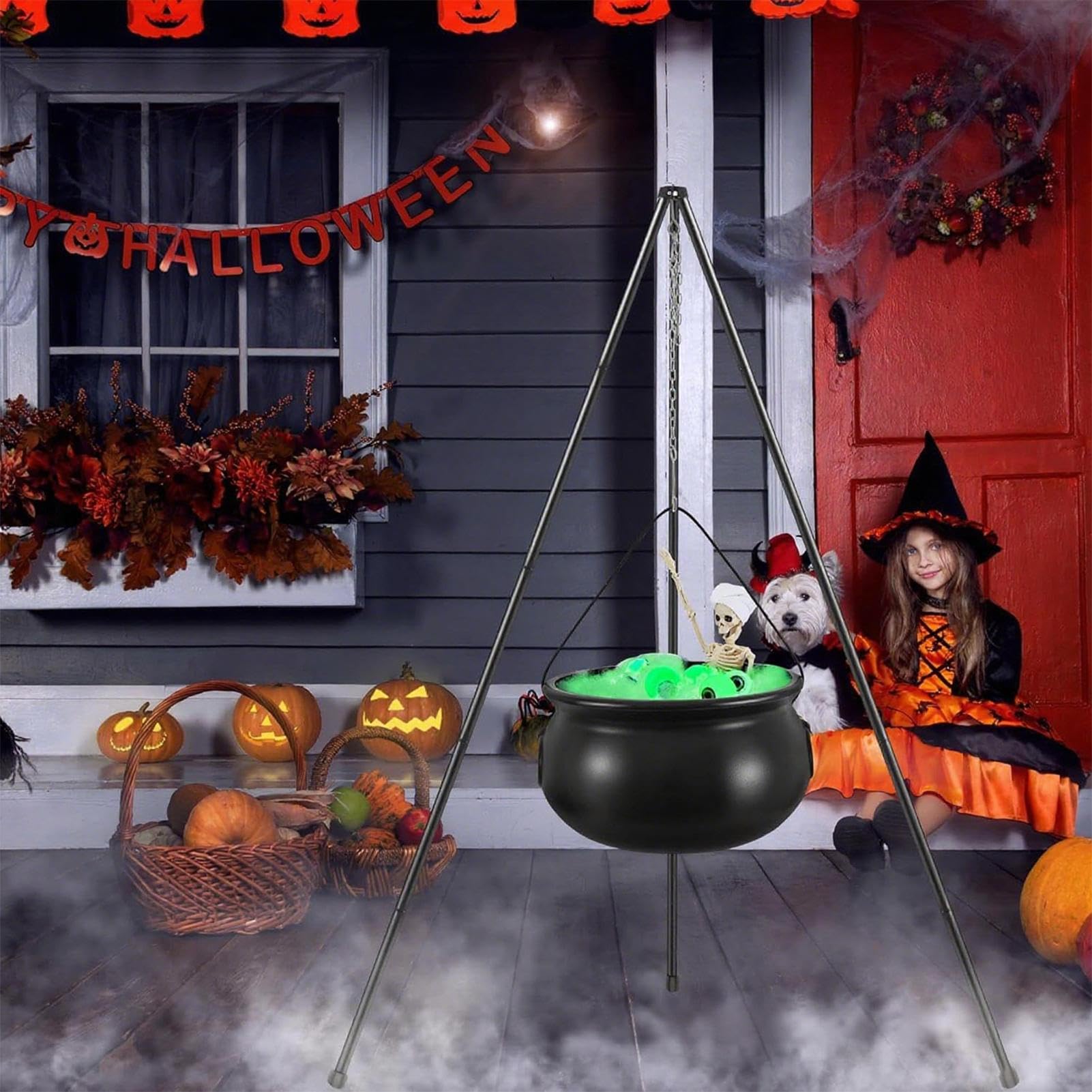 Generico Caldero De Bruja Halloween, Olla Decorativa para Exteriores con Luces De Ojos, Accesorio Festivo para Patio, Jardín, Traspatio, Casa Embrujada, Fiesta, Sesión De Fotos, Sendero, Decoración