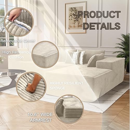 Miniatura 4 de Kingdura Sofá modular Cloud de 105.5 pulgadas con diván en forma de L, moderno sofá modular beige con asiento profundo, tela de pana, no requiere