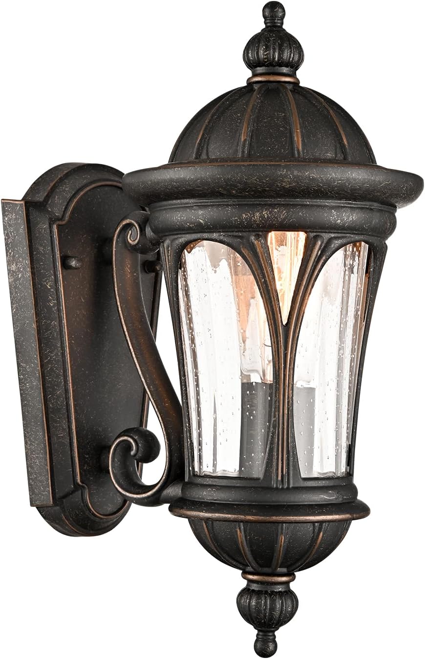 Outdoor Wall Light Fixture, Black Brown Exterior Wall Sconce with Seeded Glass, E26 Base Waterproof IP54 Wall Lamp for Front Door, Garage, Garden, Patio