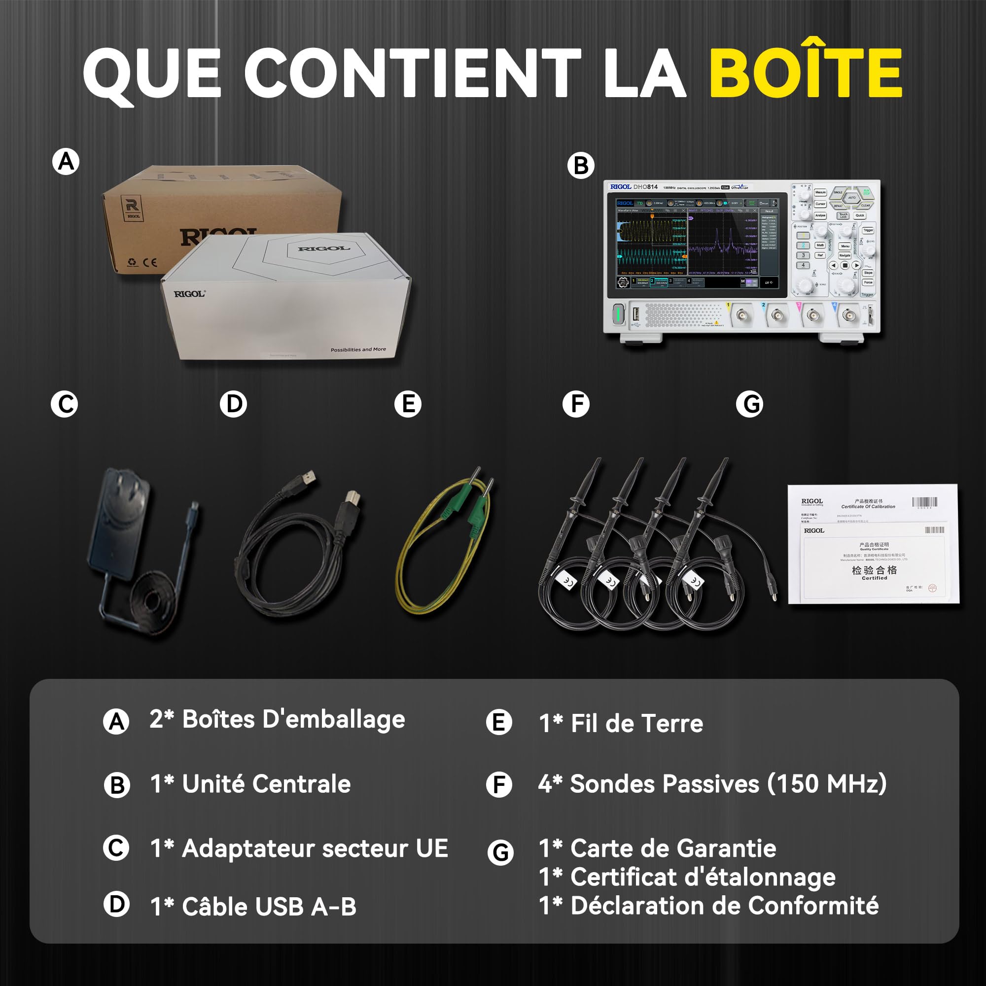 RIGOL Oscilloscope,DHO804 Oscilloscope Numerique,70MHz,4A Canal,Résolution 12 bits, écran tactile HD 7",Ultra-Portable,Pour tests sur site et enseignement en laboratoire
