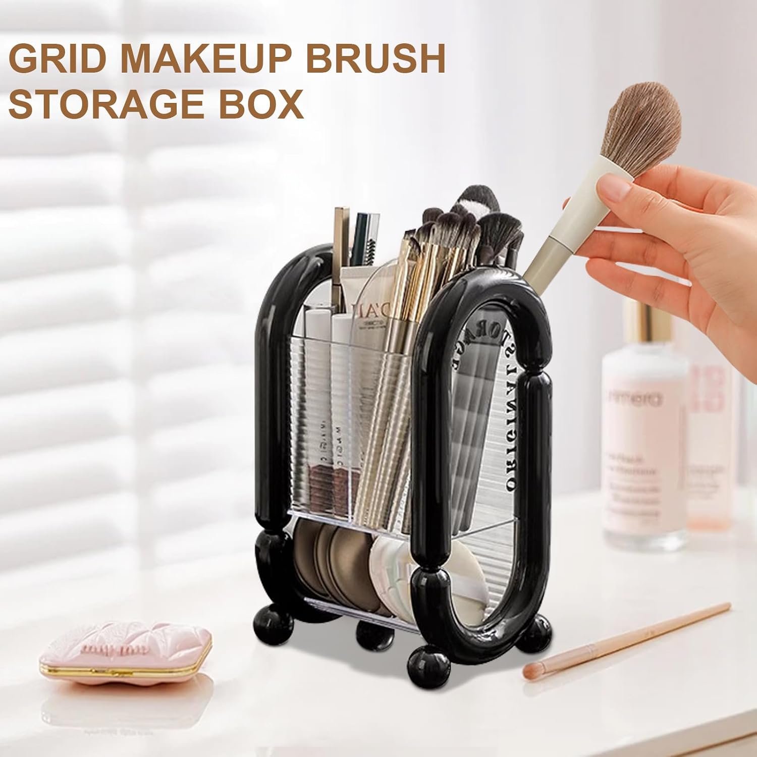 Makeup Brush Organizer, Plastic Cosmetic Brushes Storage Holder for Vanity, Cosmetic Brush Storage Box with 4 Compartment for Dresser, Pencil Cup image 5